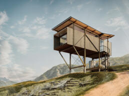 projetos, casas, madeira, suspensa, campo, natureza