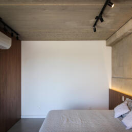 projeto, suite, quarto, moderno, concreto aparente, loft, industrial, clean, minimalista