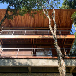 fachada, casa, minimalista, sobrado, estrutura, madeira, pedra, concreto aparente