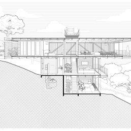 projeto, arquitetura, bim, corte perspectivado ilustrado, casa, suspensa, serra, montanha, estrutura metalica