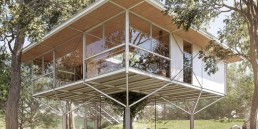 projeto, arquitetura, casa, suspensa, estrutura metalica, mata, campo