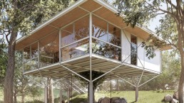 projeto, arquitetura, casa, suspensa, estrutura metalica, mata, campo